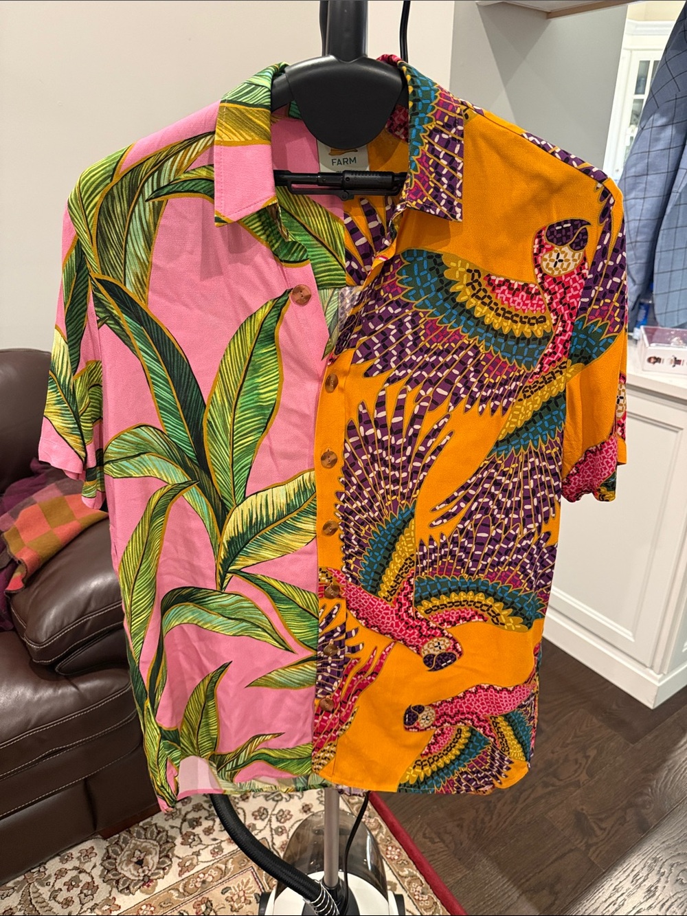 FARM Rio Split-Print Tropical Short-Sleeve Shirt in Pink & Orange